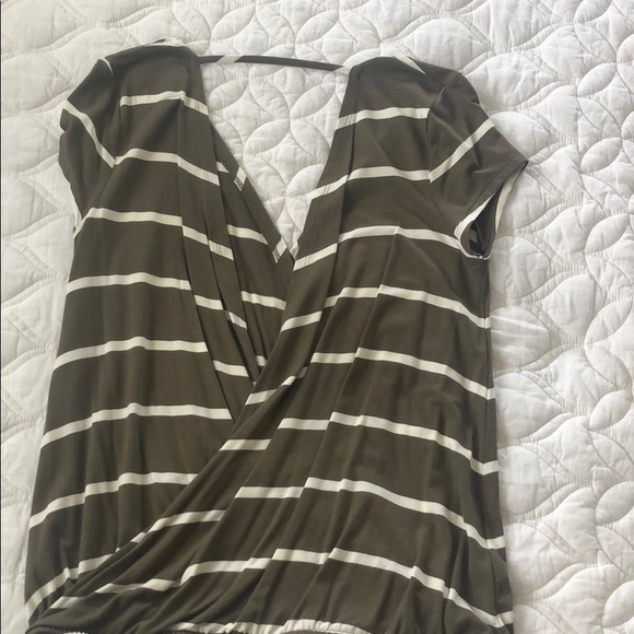 Olive Green Striped Deep V Shirt - Picture 2 of 3